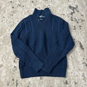 Polo Ralph Lauren Mock Neck Cable Knit Heavy Cotton Sweater Blue Large